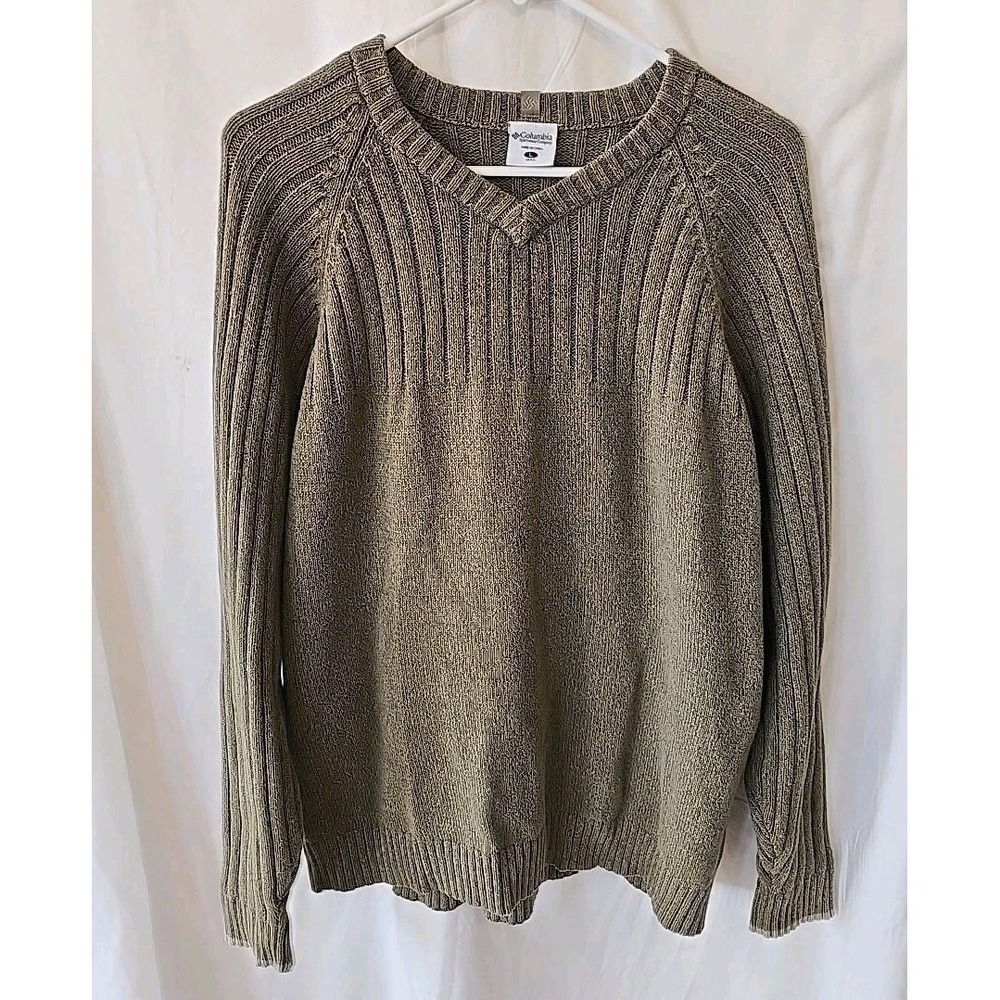 Columbia Men's V Neck Ribbed Pullover Knit Sweater Size L 100% Cotton Green
